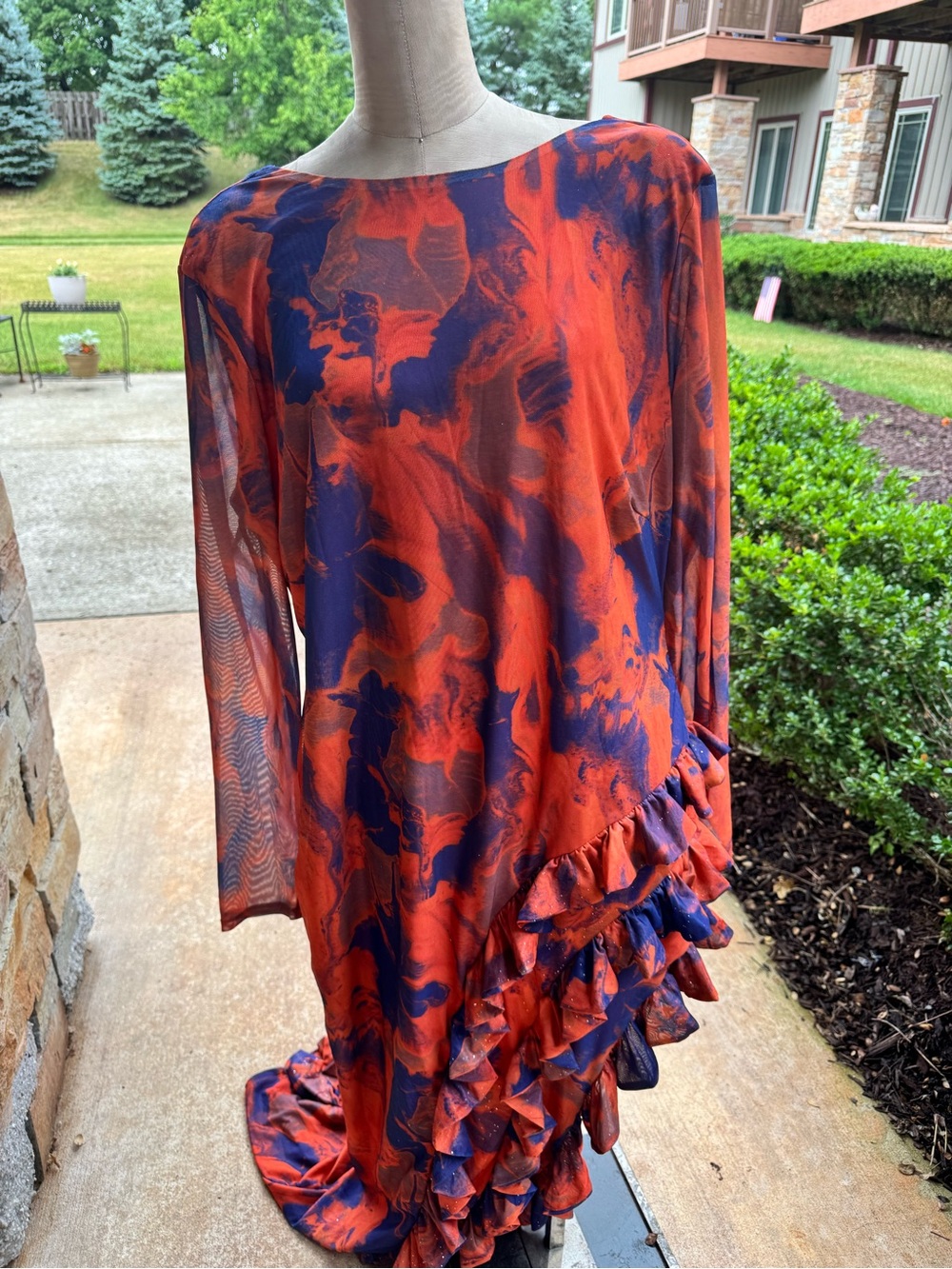 Floral Ruffle Asymmetrical Maxi Dress in Red and Navy - Picture 3 of 6